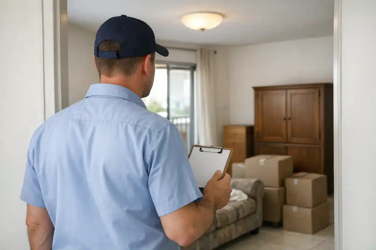 לפני פינוי דירה בגבעתיים, סלון עם ריהוט ישן וקרטונים בעיר גנים