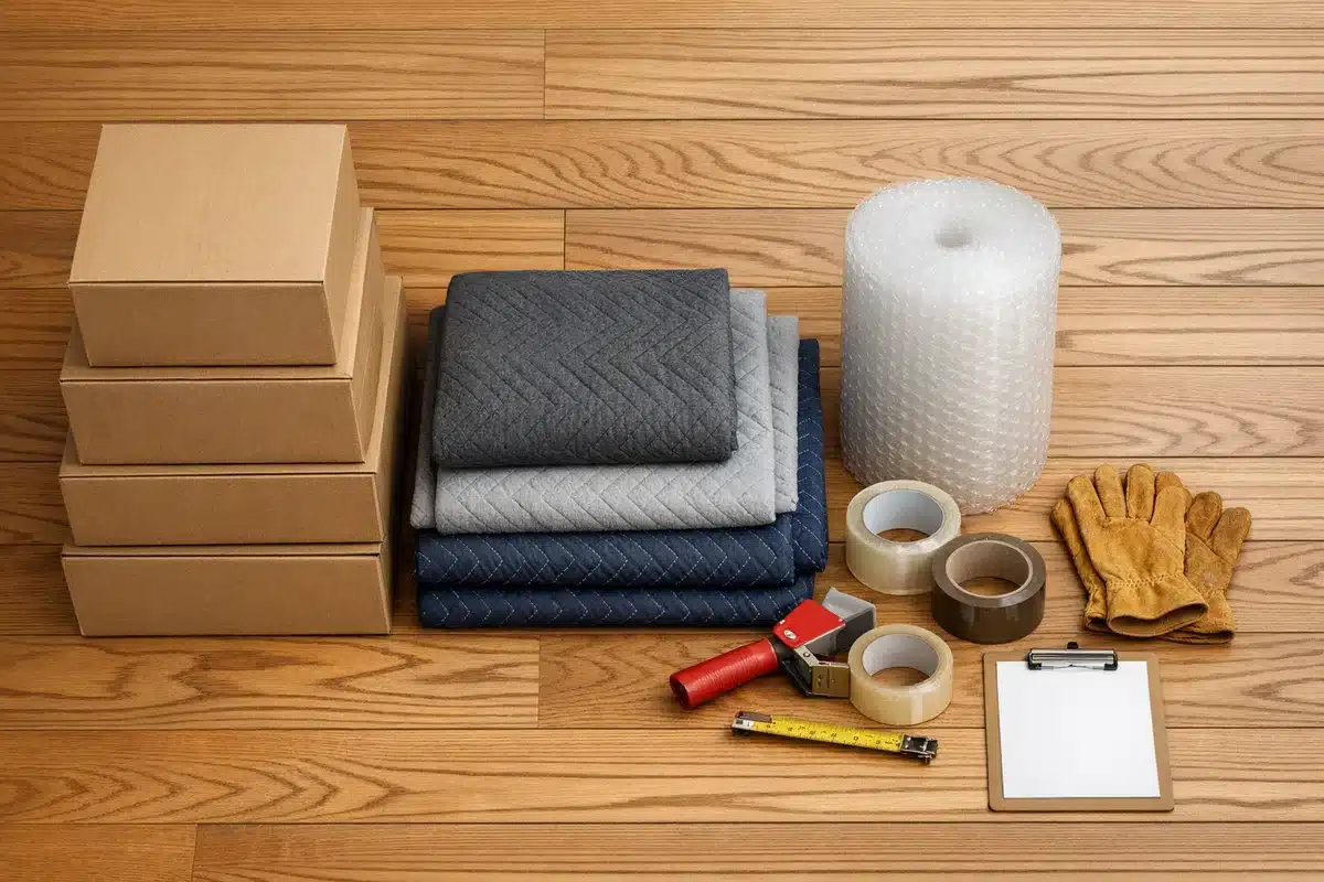 ציוד פינוי דירה בגבעתיים, ארגזים, שמיכות, סרט אריזה וכפפות עבודה