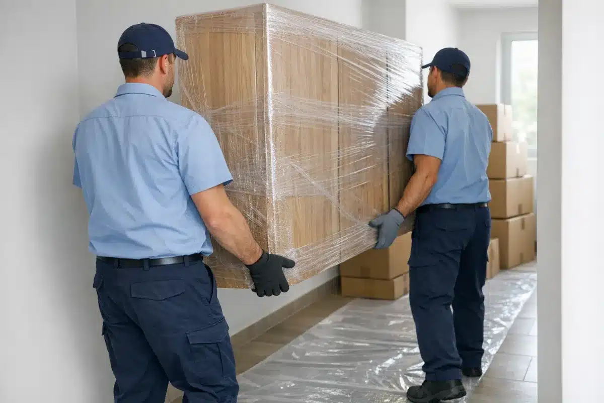 פינוי דירה גבעתיים, צוות מעמיס ארון עץ ארוז במסדרון מוגן בעיר גנים