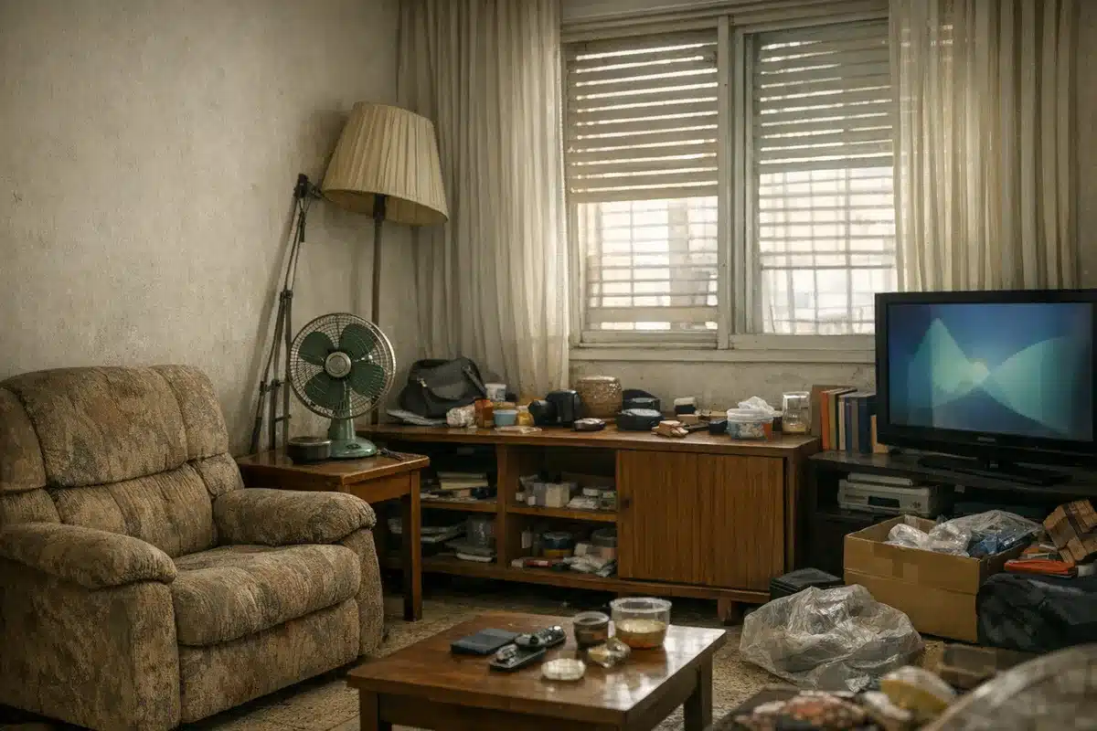 לפני פינוי דירה בפתח תקווה, סלון עם רהיטים ופריטים בסיור הערכה