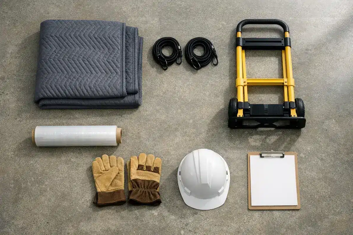 ציוד פינוי דירה בפתח תקווה, שמיכות הגנה, רצועות, עגלה וכפפות עבודה