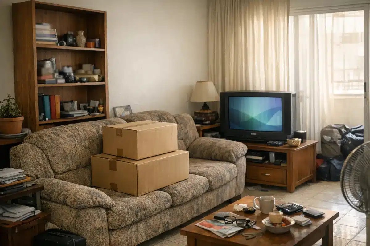 לפני פינוי דירה ברמת גן, סלון עם ריהוט ישן וקרטונים בעיר גנים
