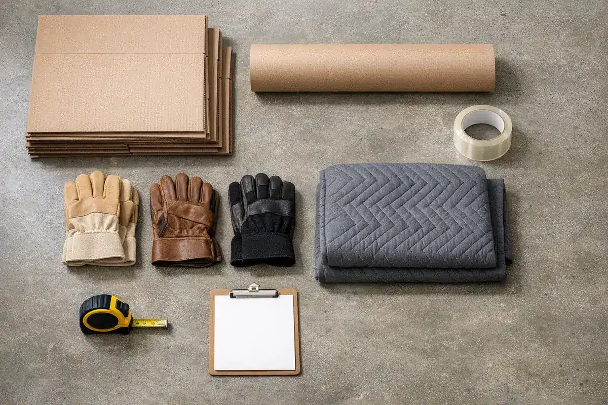 ציוד פינוי דירה ברמת גן, ארגזים, שמיכות, סרט אריזה וכפפות עבודה