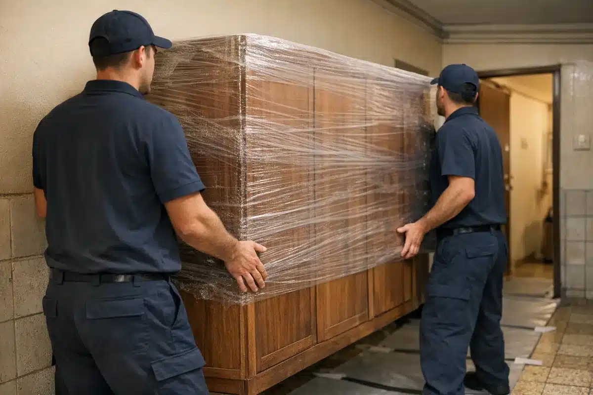 פינוי דירה רמת גן, צוות מעמיס ארון עץ ארוז במסדרון מוגן בעיר גנים