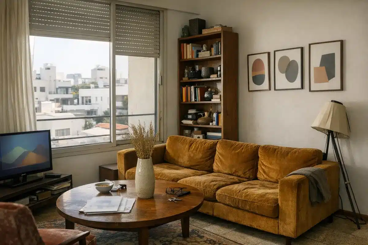 לפני פינוי דירה בתל אביב, סלון עם ריהוט ישן וקרטונים במרכז העיר