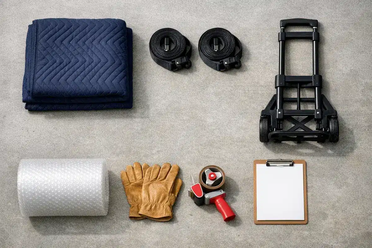 ציוד פינוי דירה בתל אביב, שמיכות הגנה, רצועות, עגלה וכפפות עבודה