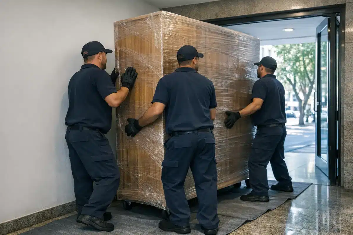 פינוי דירה תל אביב, צוות מוציא ארון עץ ארוז דרך כניסת בניין במרכז העיר