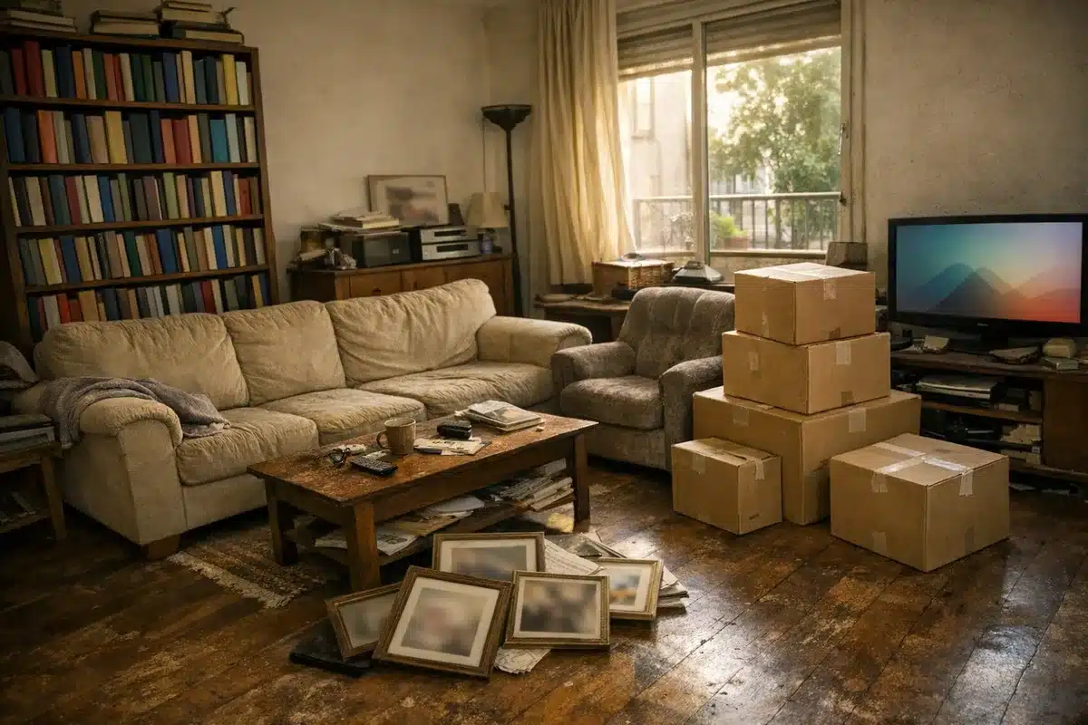 סלון מלא בריהוט ישן וארגזים לפני פינוי דירה