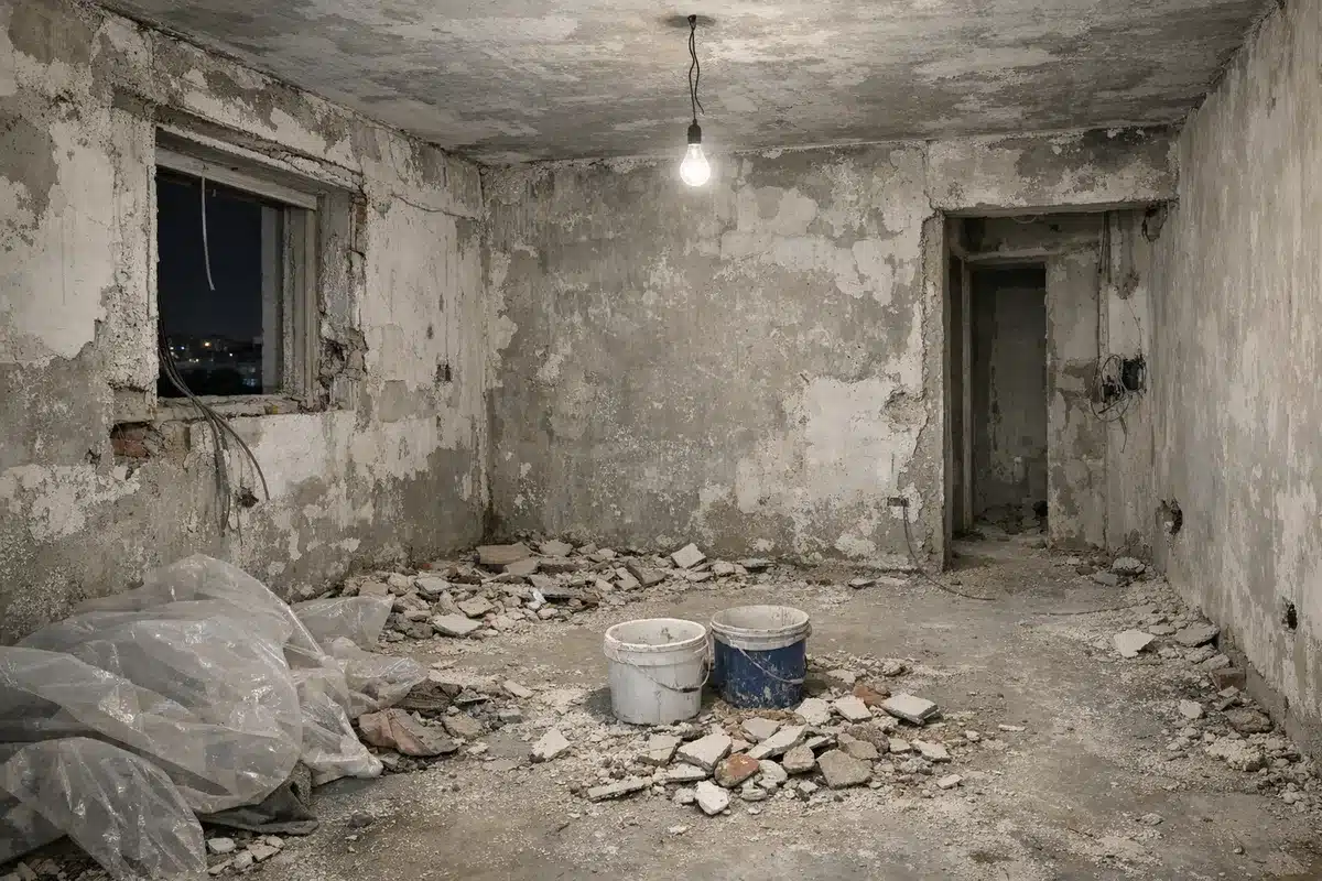 חדר אחרי שיפוץ עם פסולת בנייה לפני פינוי